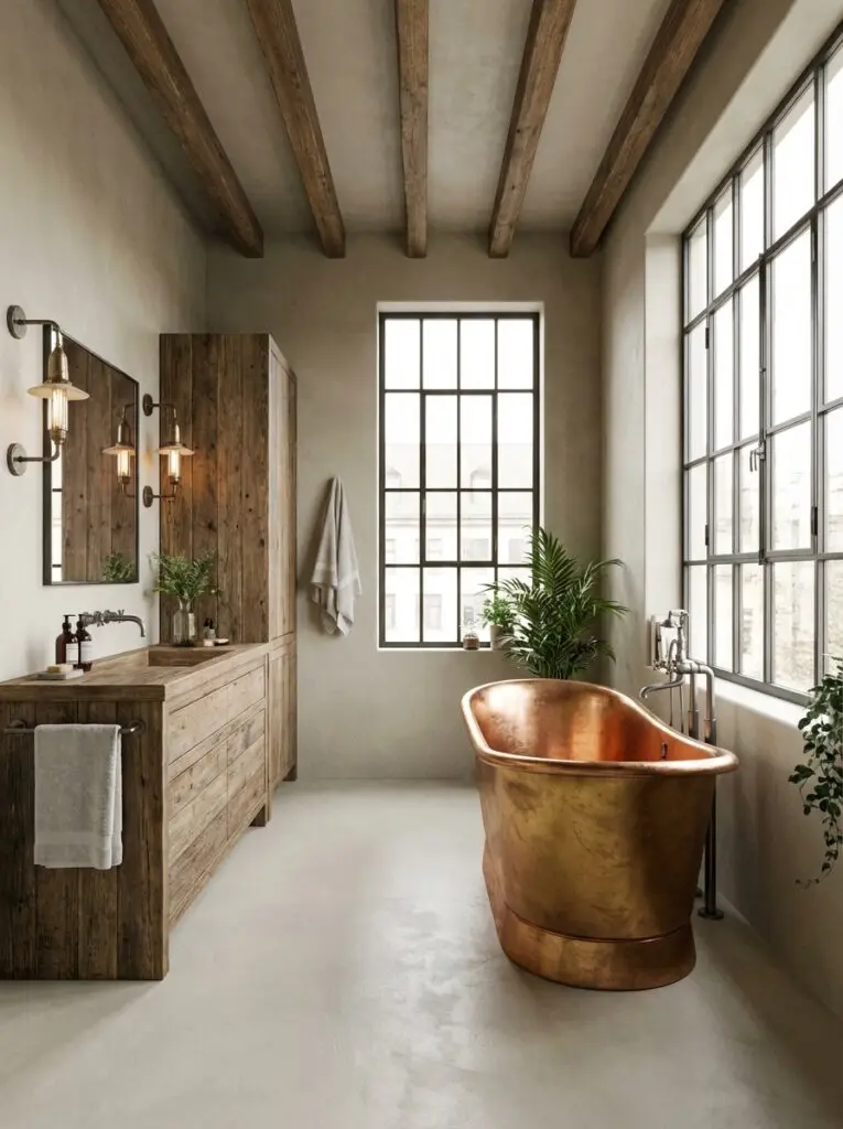 Ein stilvolles Badezimmer mit freistehender Kupferbadewanne und eleganter Wandgestaltung aus Microzement von Einhornwerke.