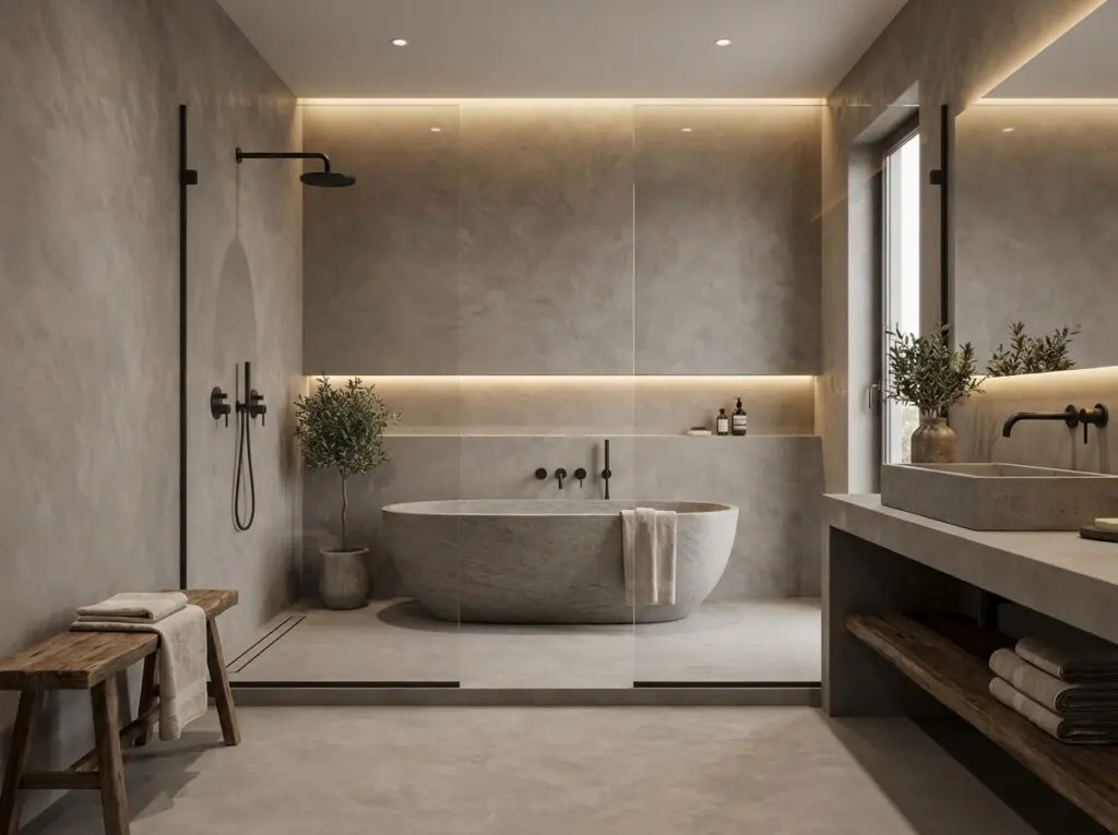Ein stilvolles Microzement-Badezimmer mit HERKULES-Design zeigt elegante Wandgestaltung von Einhornwerke.
