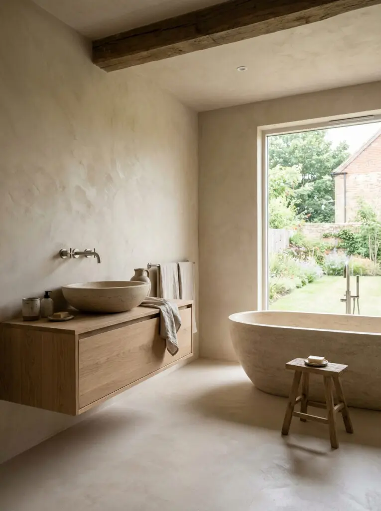 Ein stilvolles Microzement-Badezimmer mit HERKULES-Wandgestaltung und moderner Badewanne bietet einen Blick ins Grüne.