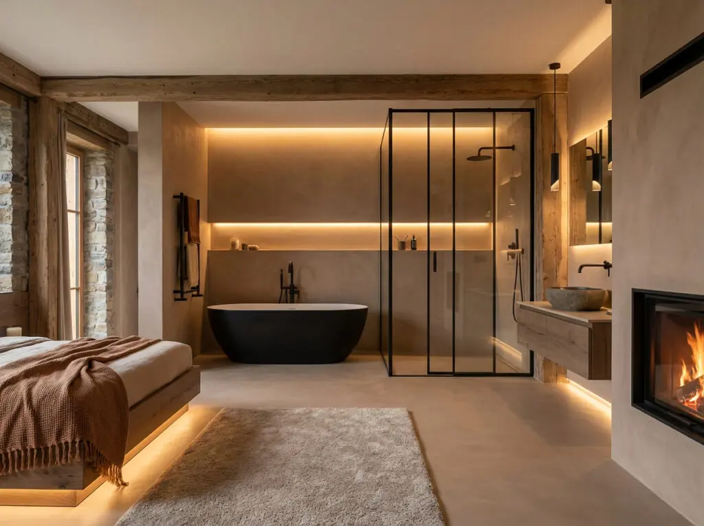 Ein stilvolles Microzement-Badezimmer mit HERKULES im Farbton HERKULES 0130 zeigt elegante Wandgestaltung und eine freistehende schwarze Badewanne.