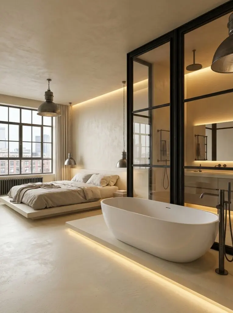 Ein stilvolles Schlafzimmer mit freistehender Badewanne und eleganten Microzement-Wänden von Einhornwerke.