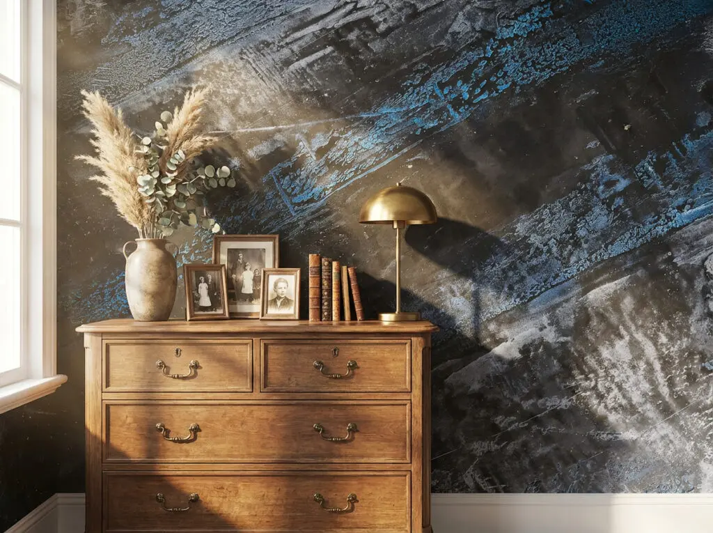 Ein stilvolles Wohnzimmer zeigt eine eindrucksvolle Wandgestaltung mit STUCCORINO-Vertico in Saphir-Silber hinter einer Kommode im Wohnzimmer.