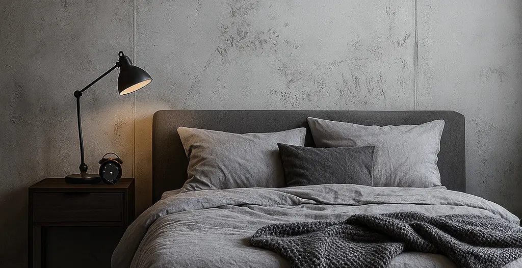 Ein stilvolles Schlafzimmer zeigt eine Betonoptik-Wand von Einhornwerke, kombiniert mit modernen, grauen Betttextilien.