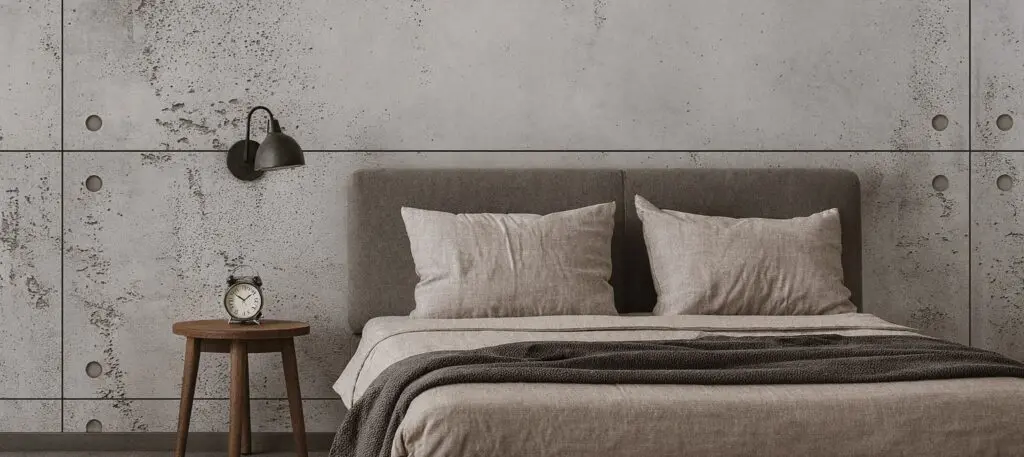 Ein modernes Schlafzimmer zeigt eine stilvolle Betonoptik-Wandgestaltung mit einem gemütlichen Bett und Nachttisch.