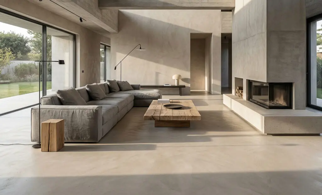 Ein modernes Wohnzimmer mit Sichtbetonboden und stilvoller Wandgestaltung schafft eine elegante Atmosphäre.