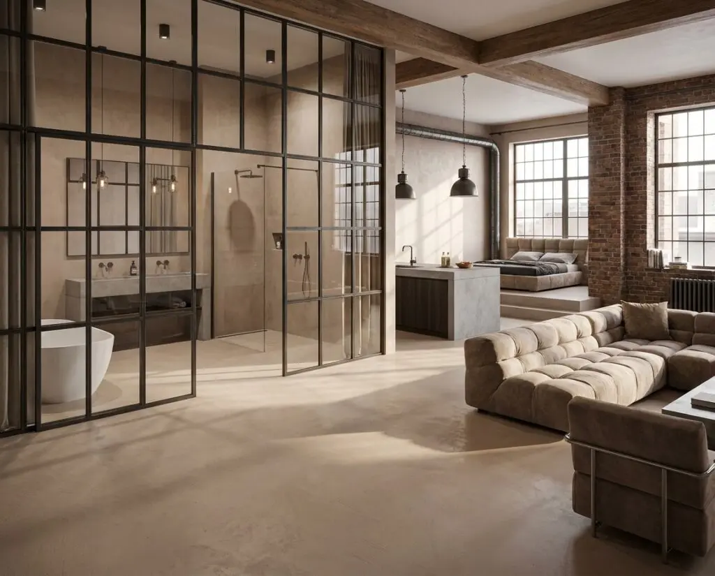 Sichtbetonboden in einem Loft mit Küche, Sofa und fugenlosem Badezimmer.