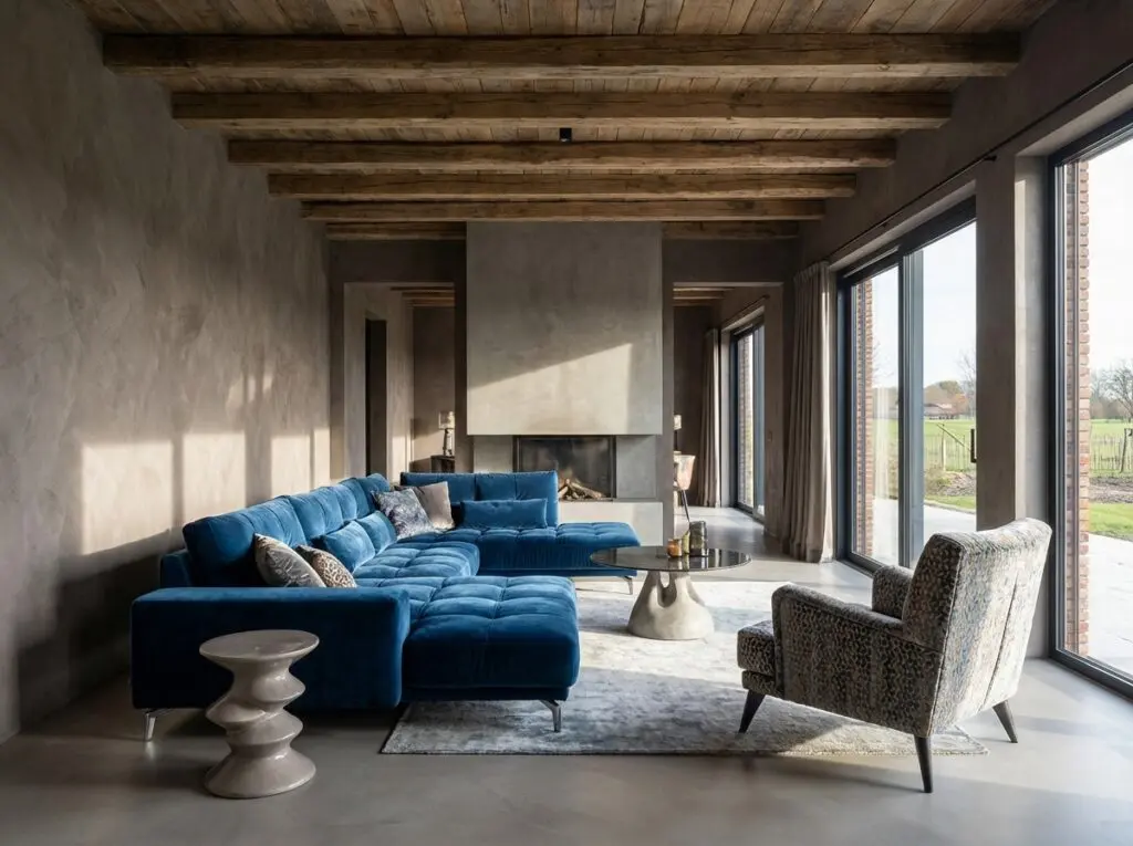 Ein modernes Wohnzimmer mit Betonoptik, stilvollen Wänden und einer eleganten Einrichtung schafft eine einladende Atmosphäre.