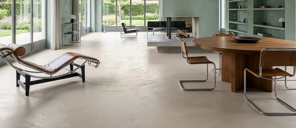 Ein Wohnzimmer mit Sichtbetonboden. Boden ausgeführt mit HERKULES im Farbton 0203. Wände mit MARMOREA im Farbton 224.