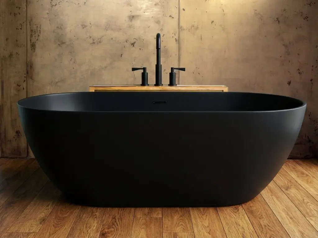 Ein modernes Badezimmer mit einer freistehenden schwarzen Badewanne vor einer Wand-in-Betonoptik von Einhornwerke.