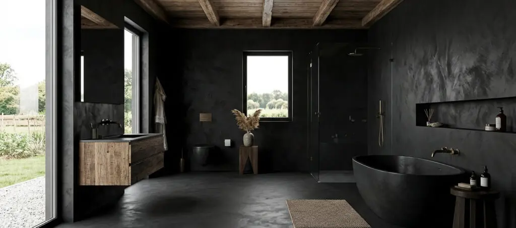 Ein modernes Badezimmer mit dunklem Spachtelboden und stilvoller Wandgestaltung von Einhornwerke schafft eine elegante Atmosphäre.