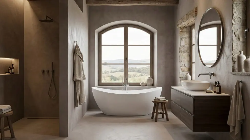 Ein elegantes Landhausbad mit freistehender Wanne und HERKULES-Spachtelboden im Farbton 1802 von Einhornwerke.