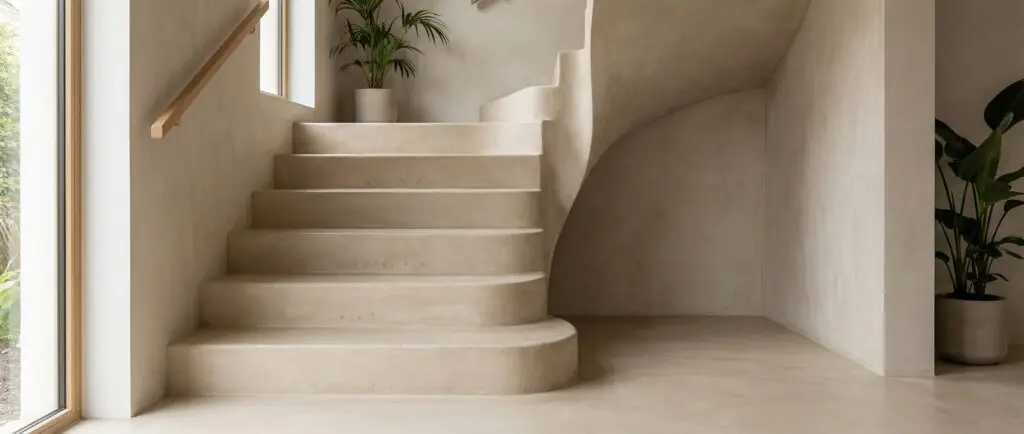 Eine elegante Betonoptik-Treppe im Wohnzimmer von Einhornwerke harmoniert mit moderner Wandgestaltung und Pflanzen.