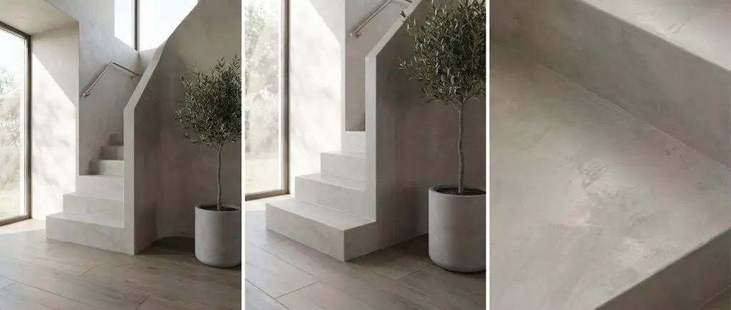 Eine moderne Treppe in Betonoptik von Einhornwerke ergänzt die stilvolle Wandgestaltung im hellen Wohnzimmer.