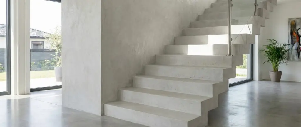 Eine elegante Betonoptik-Treppe im Wohnzimmer verbindet modernes Design mit stilvoller Wandgestaltung von Einhornwerke.