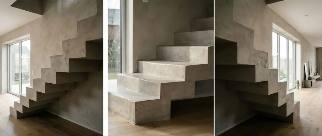 Moderne Betonoptik-Treppe im Wohnzimmer mit stilvoller Wandgestaltung von Einhornwerke neben großen Fenstern.