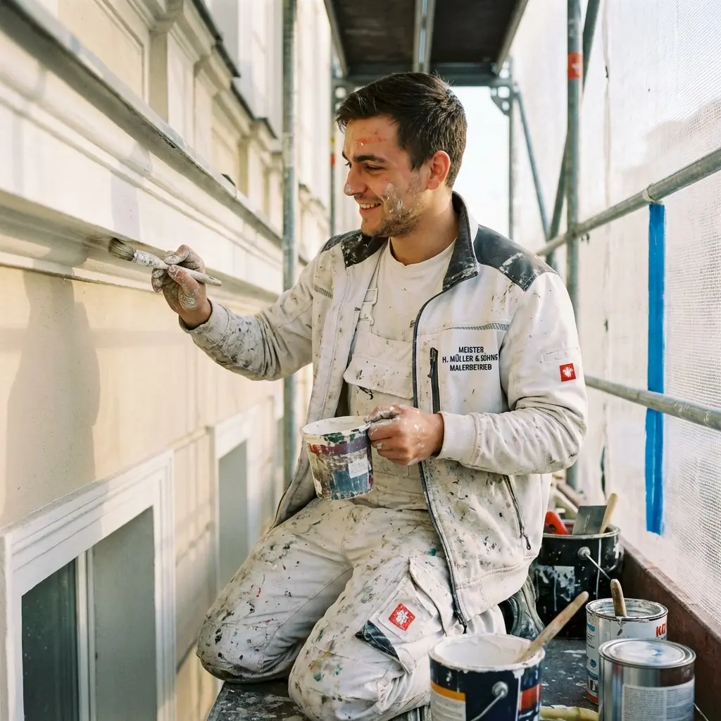 Ein Malermeister arbeitet lächelnd an der Außengestaltung einer Wand, um die perfekte Wandgestaltung zu schaffen.