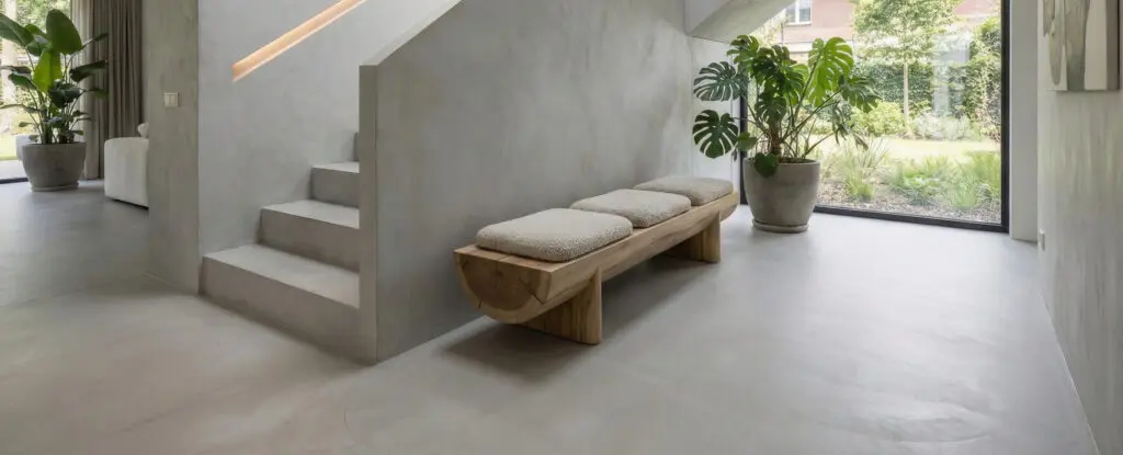 Eine modern gestaltete Treppe in fugenloser Betonoptik führt in ein lichtdurchflutetes Wohnzimmer mit stilvoller Wandgestaltung.