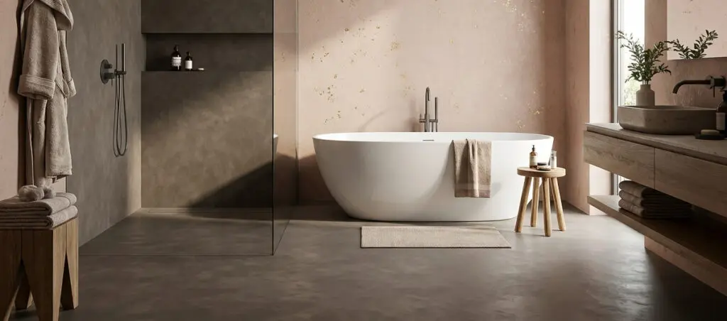 Ein modernes Badezimmer mit fugenlosem Boden und stilvoller Wandgestaltung von Einhornwerke schafft eine elegante Atmosphäre.