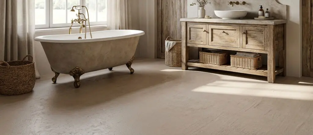Ein rustikales Landhaus-Badezimmer mit fugenlosem HERKULES-Spachtelboden in sanftem Beige und stilvoller Wandgestaltung.