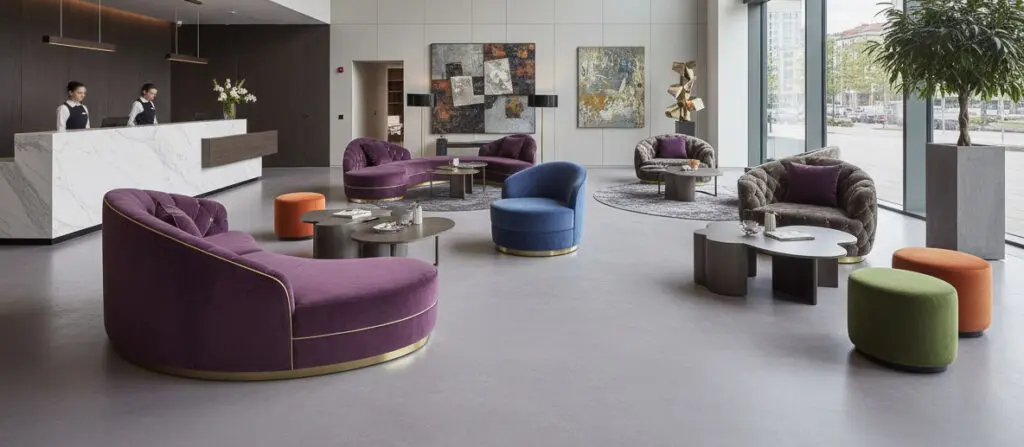 Ein stilvolles Wohnzimmer mit fugenlosem Boden HERKULES-0305 und eleganter Wandgestaltung von Einhornwerke.