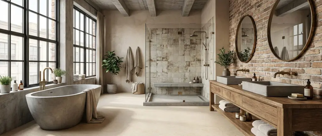 Ein stilvolles Badezimmer mit fugenlosem Boden im Farbton 3210, eleganter Wandgestaltung und moderner Ausstattung.