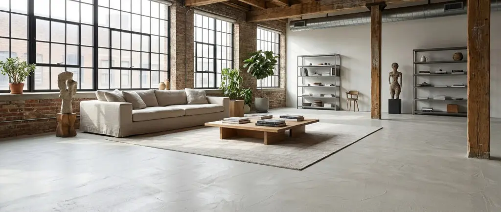 Ein modernes Wohnzimmer mit fugenlosem Spachtelboden HERKULES-2704 und stilvoller Wandgestaltung von Einhornwerke.