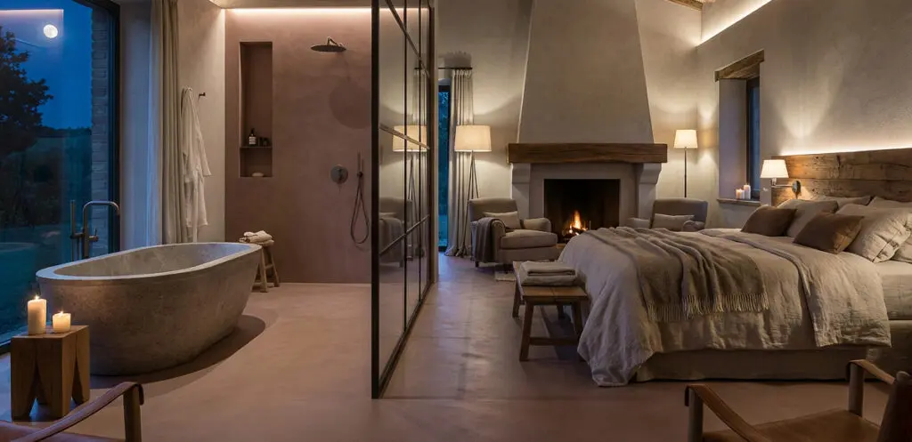 Ein stilvolles Schlafzimmer mit fugenlosem Boden und eleganter Wandgestaltung von Einhornwerke schafft eine gemütliche Atmosphäre.
