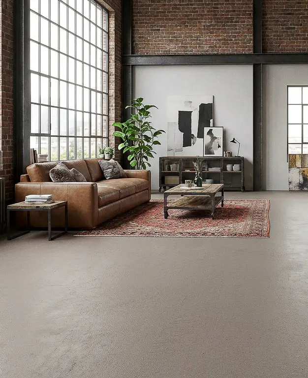 Ein modernes Wohnzimmer mit fugenlosem Boden von Einhornwerke und stilvoller Wandgestaltung schafft eine elegante Atmosphäre.