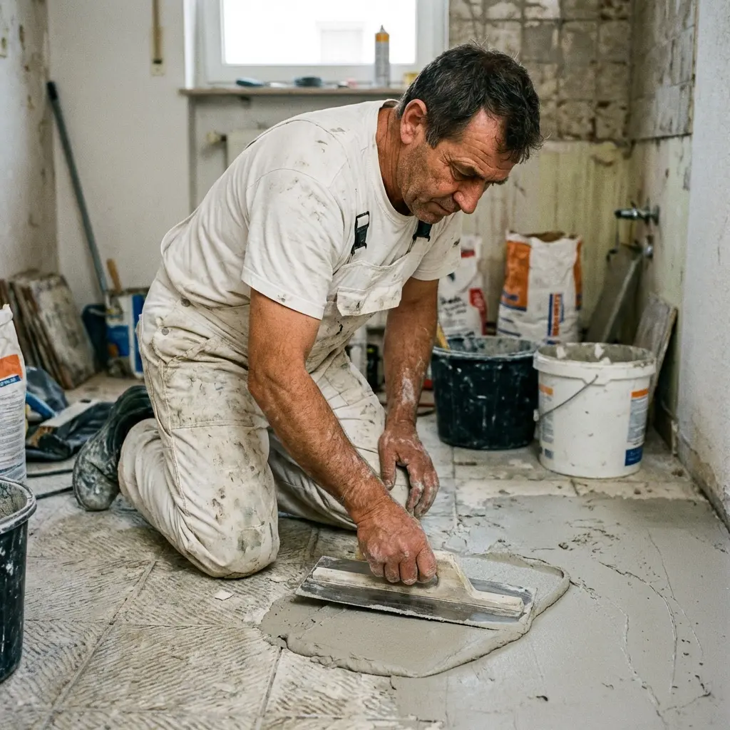 Ein Handwerker von Einhornwerke arbeitet konzentriert an der fugenlosen Wandgestaltung mit Streichputz im Wohnzimmer.