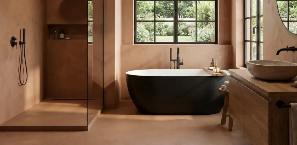 Ein stilvolles, fugenloses Badezimmer mit eleganter Wandgestaltung und freistehender Badewanne lädt zur Entspannung ein.