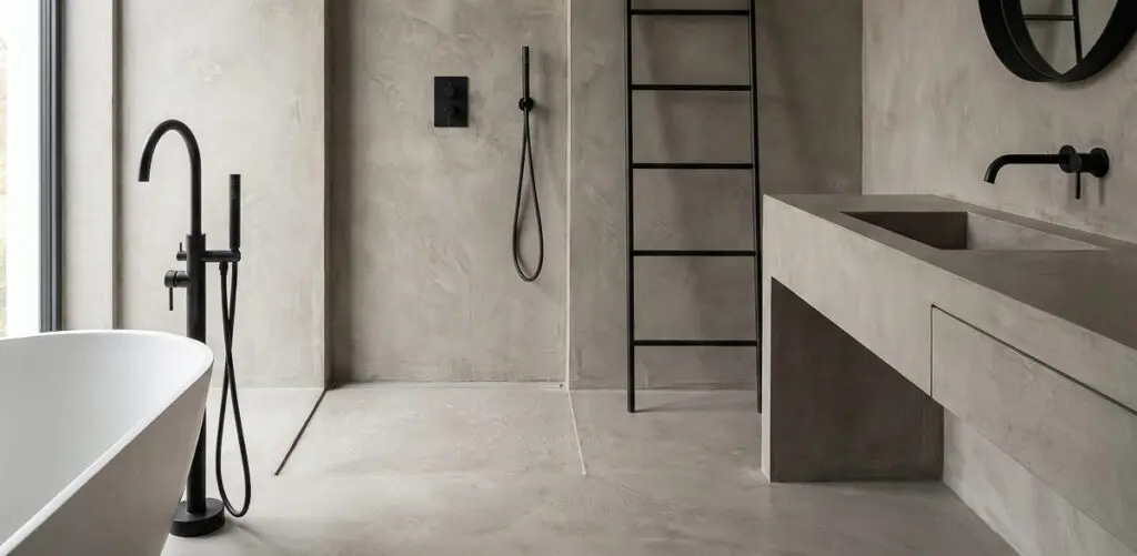 Ein modernes Badezimmer in Betonoptik mit eleganter Wandgestaltung und stilvollen schwarzen Armaturen.