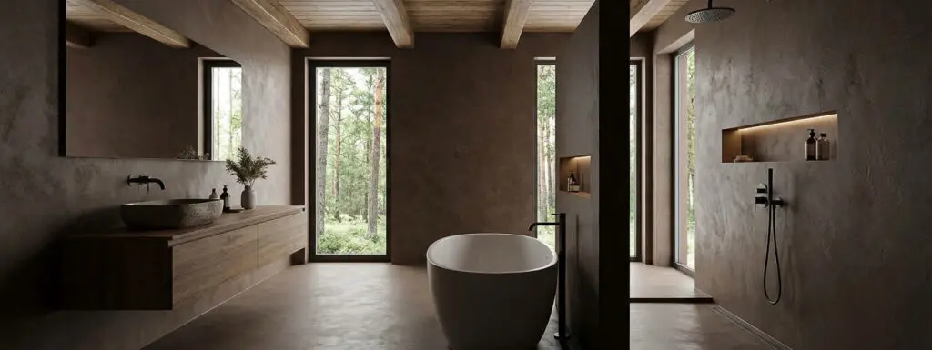 Ein modernes Badezimmer mit freistehender Badewanne und stilvoller Wandgestaltung aus Streichputz von Einhornwerke.