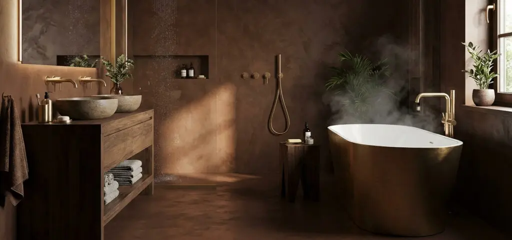 Ein modernes Badezimmer mit luxuriöser freistehender Wanne und eleganter Wandgestaltung von Einhornwerke lädt zum Entspannen ein.