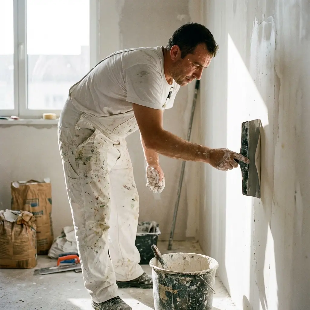 Ein Handwerker trägt Streichputz auf eine Badezimmerwand auf, um eine moderne Handwerker-Bad-ohne-Fliesen-Optik zu schaffen.