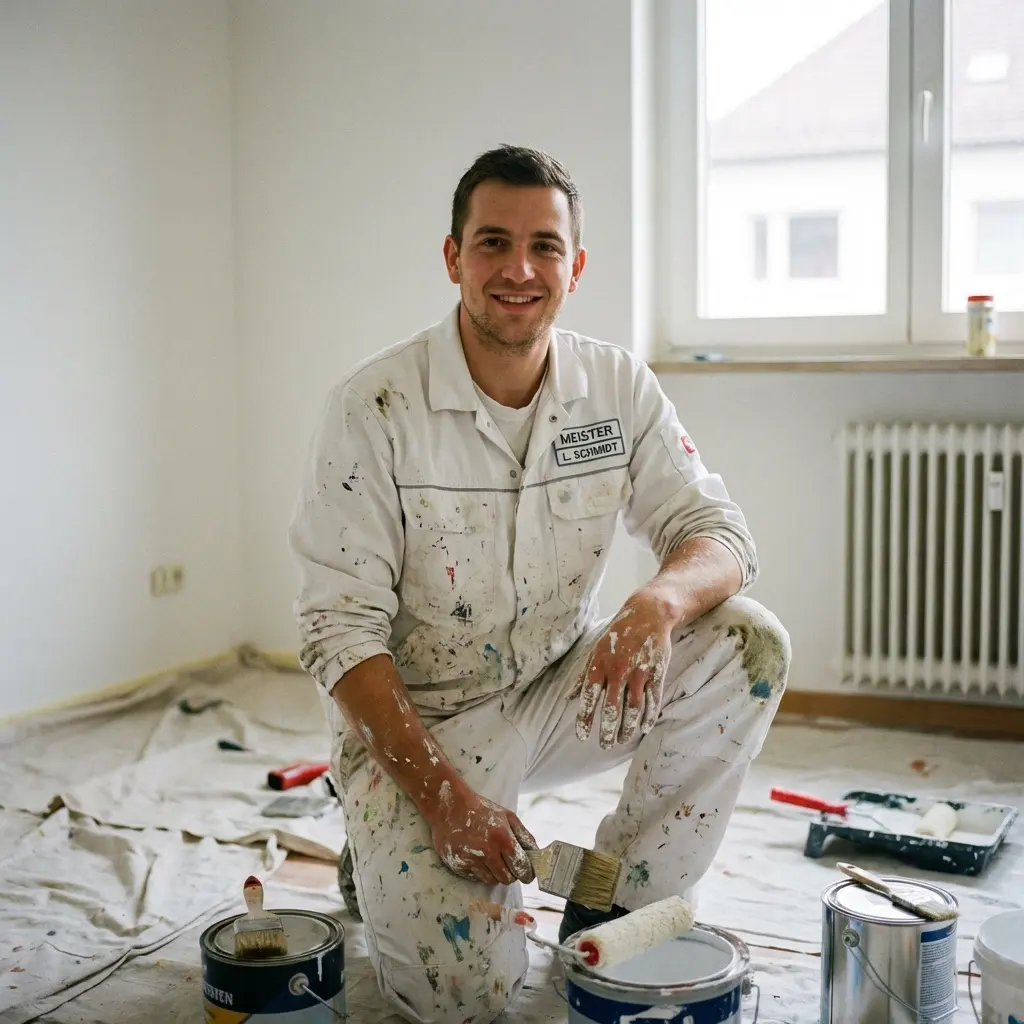 Ein Malermeister kniet lächelnd in einem Wohnzimmer und bereitet die Wände für kreative Wandgestaltung vor.