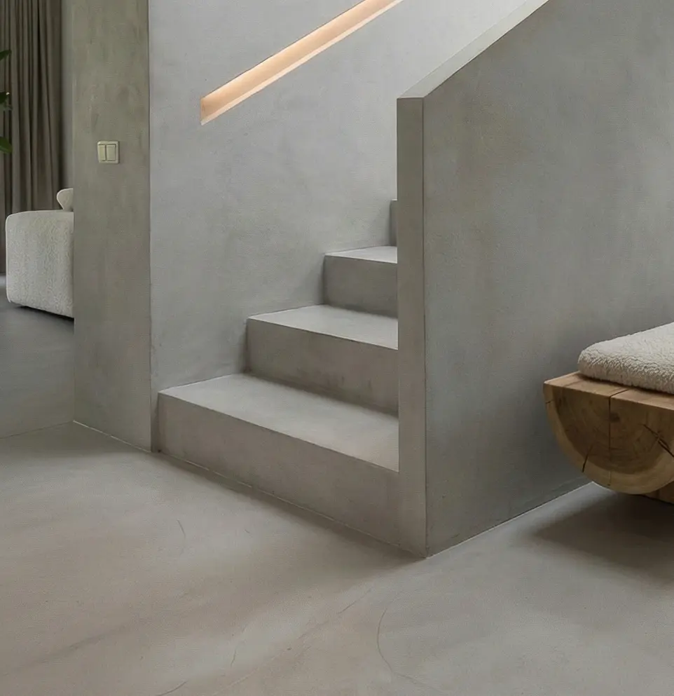 Eine Treppe in Betonoptik von Einhornwerke fügt sich harmonisch in die minimalistische Wohnzimmergestaltung ein.