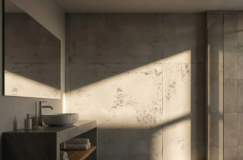 Ein Badezimmer mit Sichtbeton-Wandgestaltung und modernem Waschtisch schafft eine stilvolle und elegante Atmosphäre.