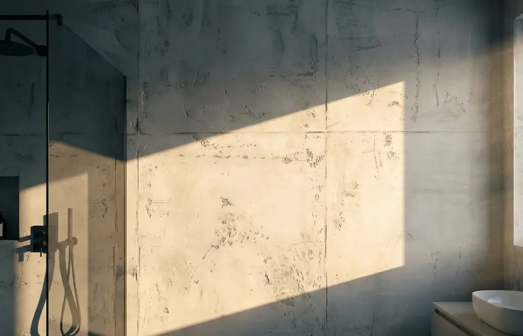 Ein modernes Badezimmer in Betonoptik mit stilvoller Wandgestaltung wird von Sonnenlicht beleuchtet.