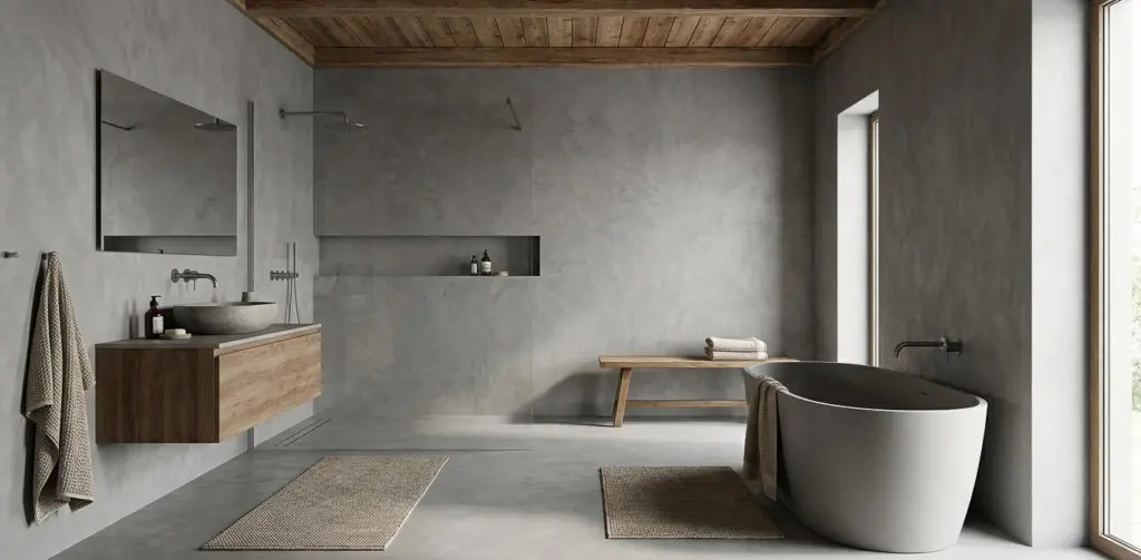 Ein stilvolles Badezimmer mit Sichtbeton-Wänden und moderner Wandgestaltung von Einhornwerke schafft eine elegante Atmosphäre.