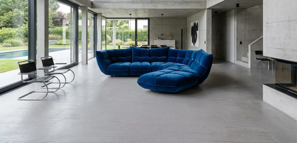 Ein modernes Wohnzimmer mit Sichtbeton-HERKULES-Spachtelboden und stilvoller Wandgestaltung von Einhornwerke.