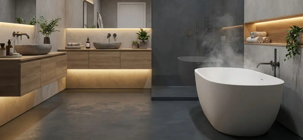 Ein stilvolles Badezimmer mit glatten Wänden in MARMOREA und einem Boden in HERKULES-Farbton schafft eine elegante Atmosphäre.