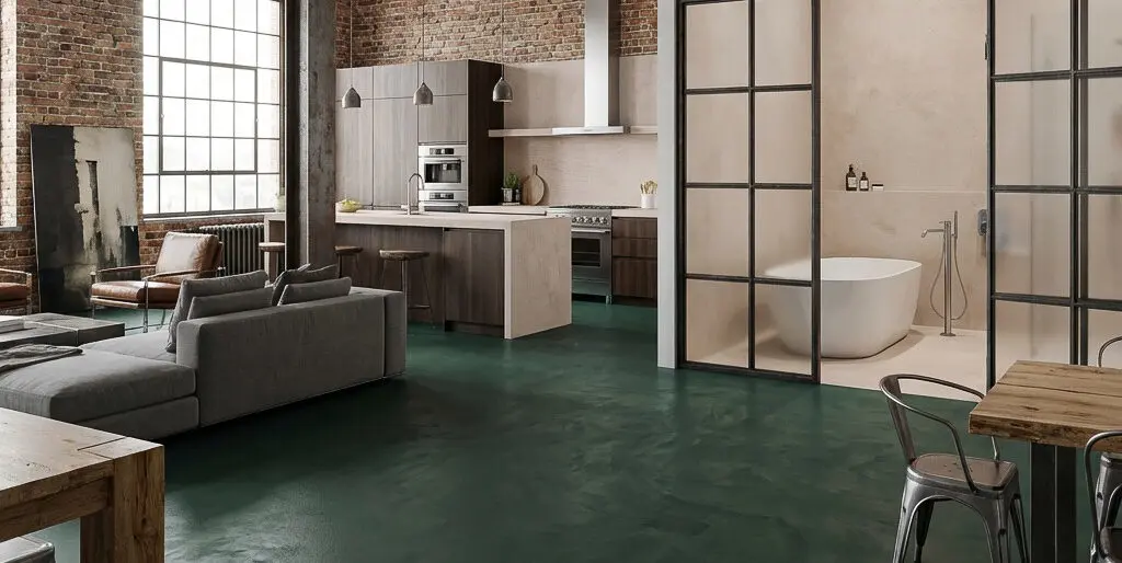 Ein modernes Wohnzimmer mit Designboden-HERKULES-2714, stilvoller Wandgestaltung und industriellem Charme.