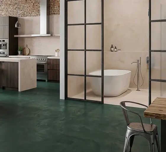 Ein modernes Wohnzimmer mit Designboden HERKULES-2714-2, eleganter Wandgestaltung und stilvoller Küche strahlt zeitlose Eleganz aus.