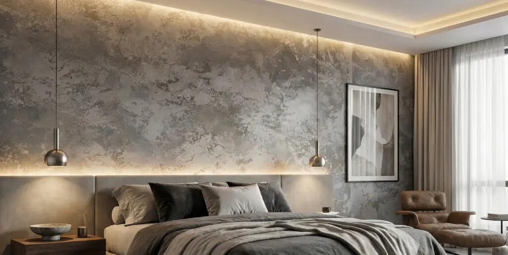Ein stilvolles Wohnzimmer mit eleganter Wandgestaltung aus Streichputz und sanfter Beleuchtung schafft eine gemütliche Atmosphäre. | © Einhornwerke