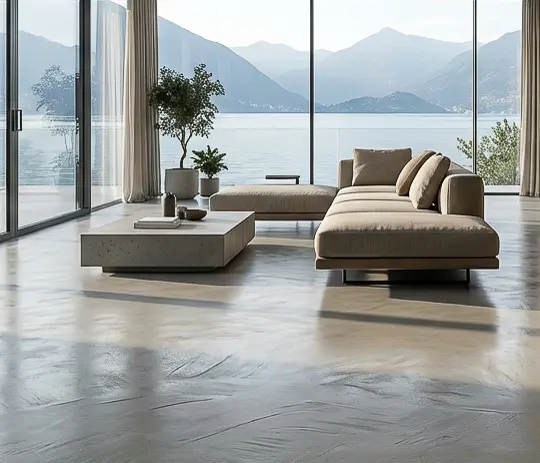 Wohnraum mit glänzendem Designboden HERKULES 2701, beigem Ecksofa und Couchtisch vor Seeblick