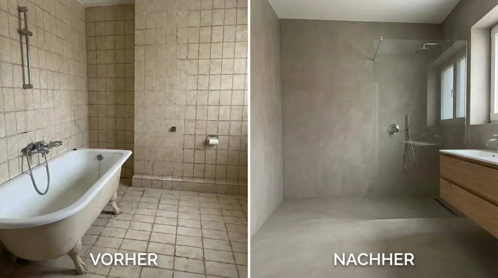 Vorher-Nachher: Fliesenbad mit Löwenfußwanne, danach fugenloses Bad mit bodengleicher Glasdusche