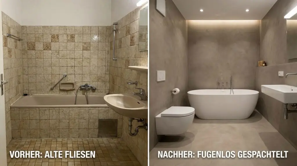 Vorher alte Fliesen, nachher fugenlos gespachteltes graues Bad mit Hänge-WC und freistehender Wanne