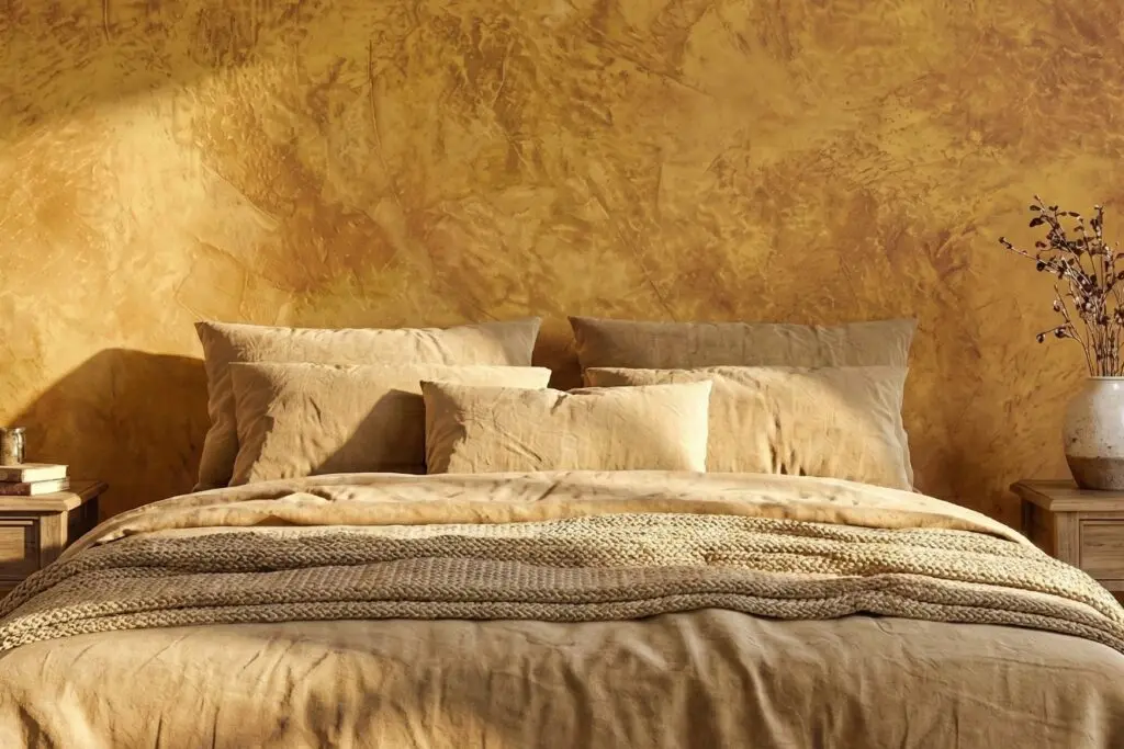 Ein stilvolles Schlafzimmer mit warmen Tönen und Kunstwänden aus Kalkputz Spachteltechnik, ideal für entspannte Nächte. | © Einhornwerke
