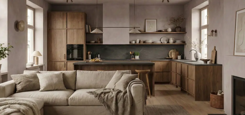 Modernes Wohnzimmer mit offener Küche, gemütlicher Couch und Kalkputzwänden in stilvollem Design. | © Einhornwerke