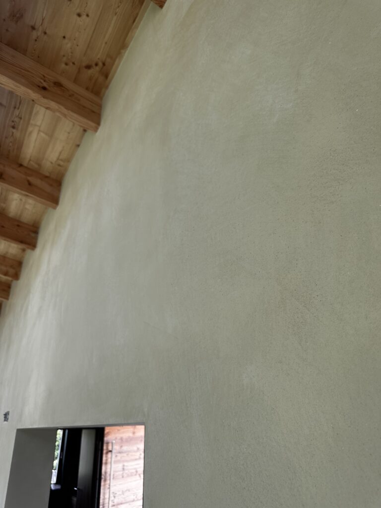 Die stilvolle Wohnzimmerwand zeigt eine moderne Wandgestaltung mit Marmorea Kalkputz und Holzbalkendecke.